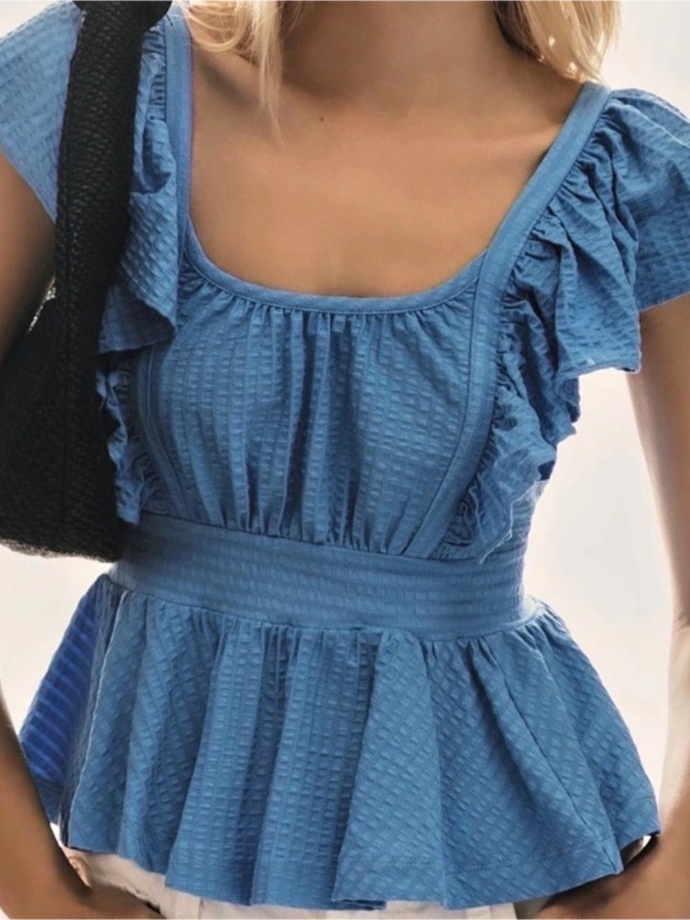 Maeve Crop Peplum Ruffle Top Blue Ruffle Peplum Top XS